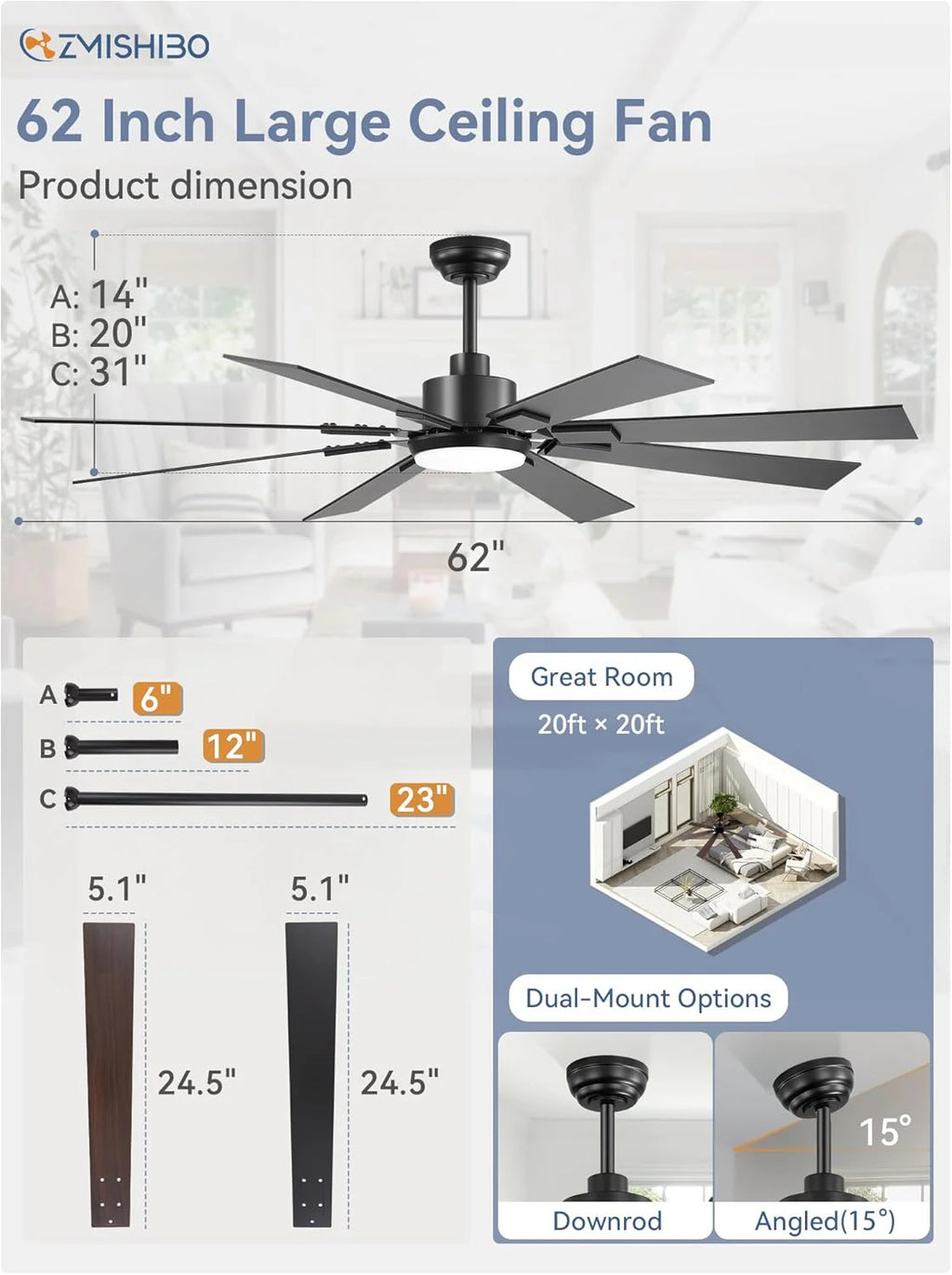 ZMISHIBO 72 inch Large Ceiling Fans with Lights and Remote, Indoor/Outdoor Black Modern Ceiling Fan for Kitchen Living Room Patio, 6 Speed Reversible Quiet DC Motor, 3 CCT, Dual Finish 8 Blades