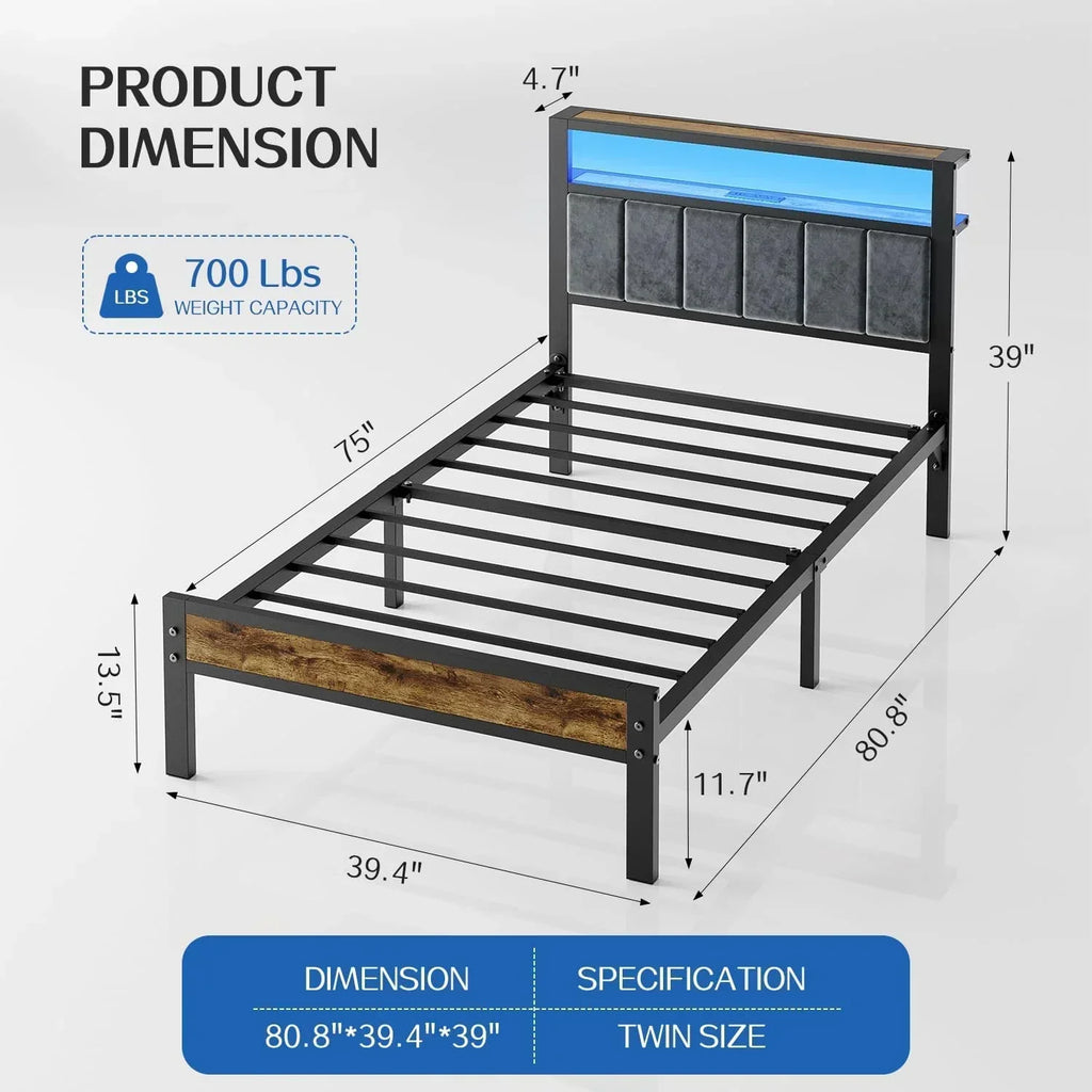 Queen Size Bed Frame with 2-Tier Storage Shelves Headboard Platform Bed with Charging Station