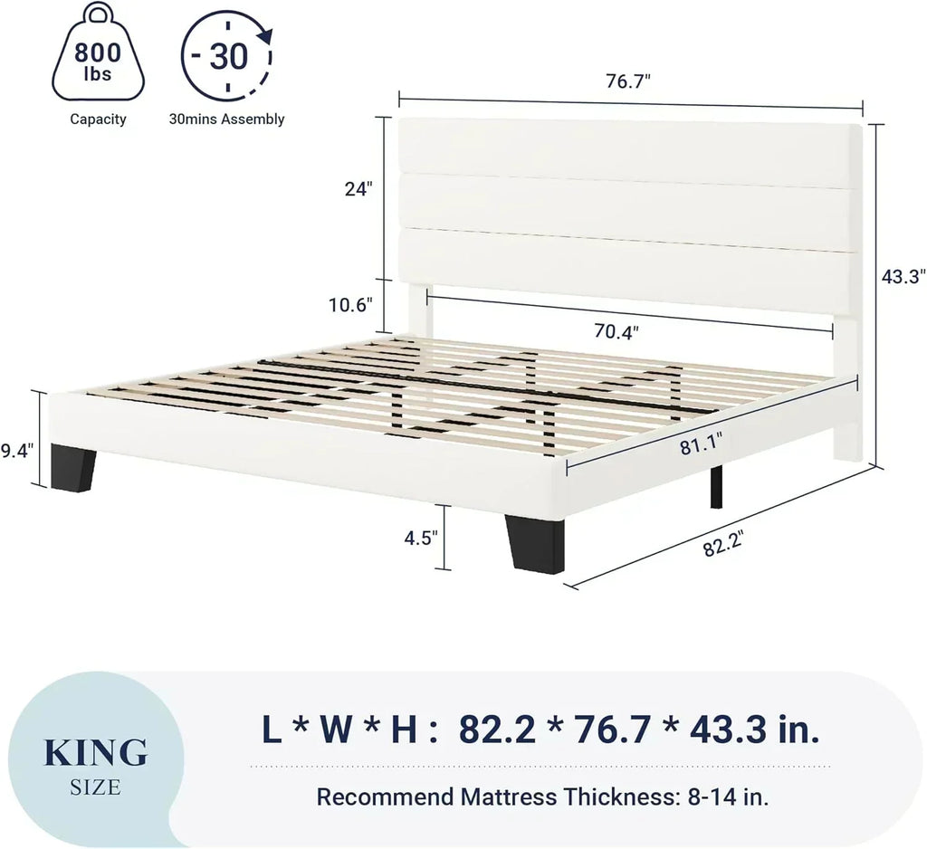 Allewie King size platform bed frame with velvet upholstered headboard and planks