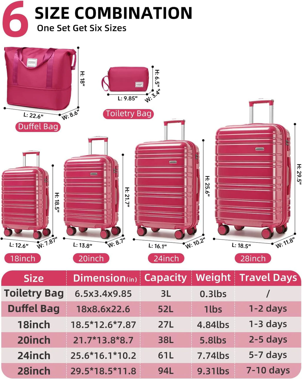 6-piece luggage set, expandable hardshell suitcase set with spinner wheels, lightweight rolling luggage set