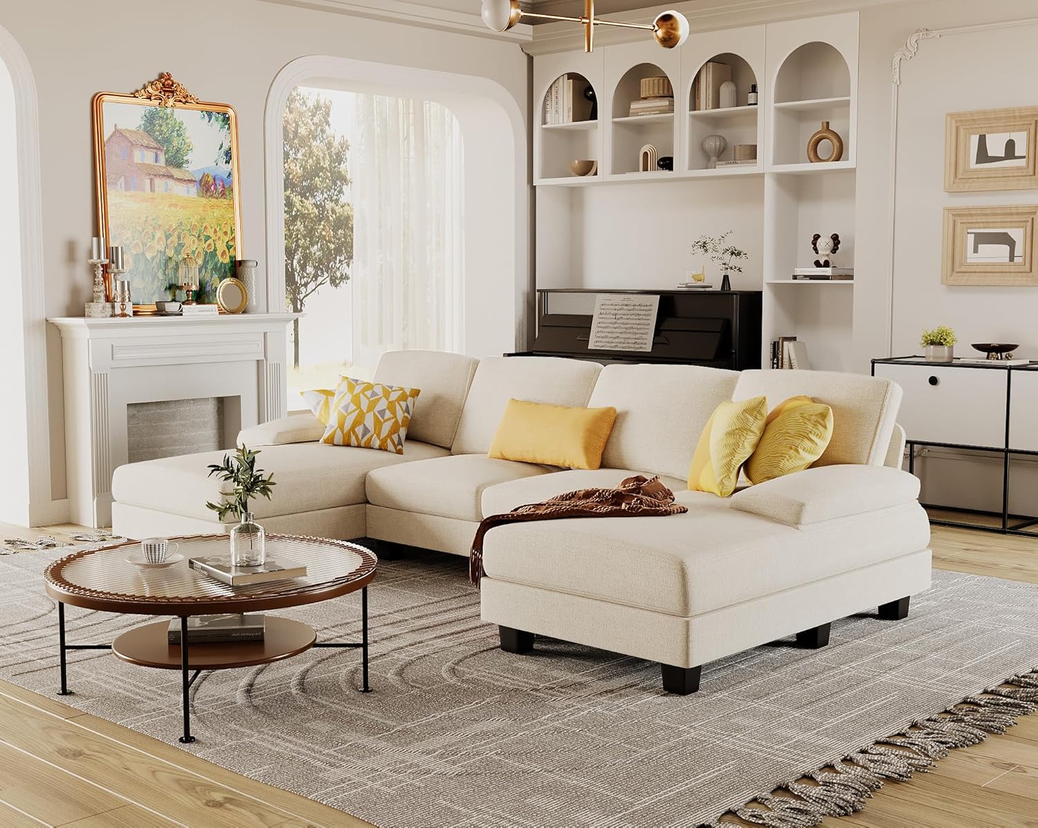 Furmax Sectional Couches for Living Room U-Shaped Sofa Couch Linen Fabric 4 Seat Sofa Set