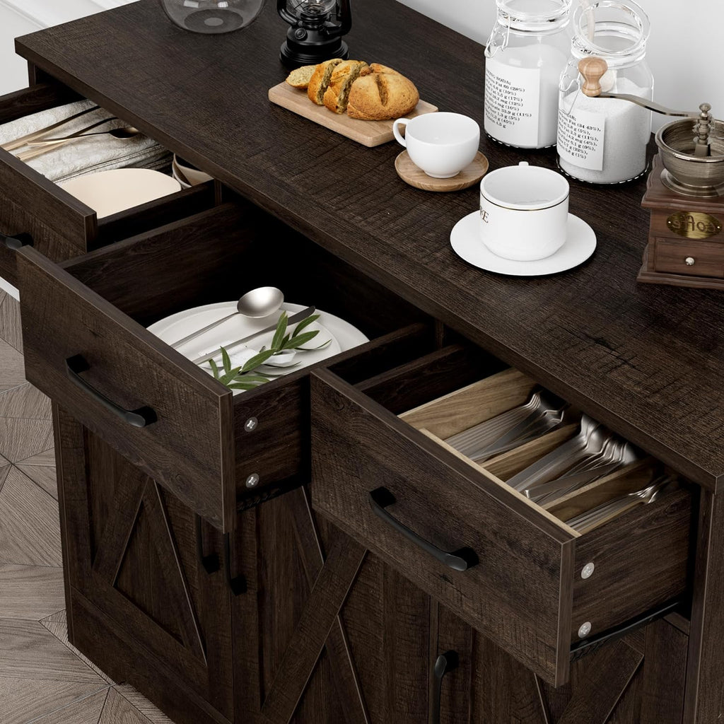 Modern farmhouse sideboard barn door buffet storage cabinet with drawers and shelves