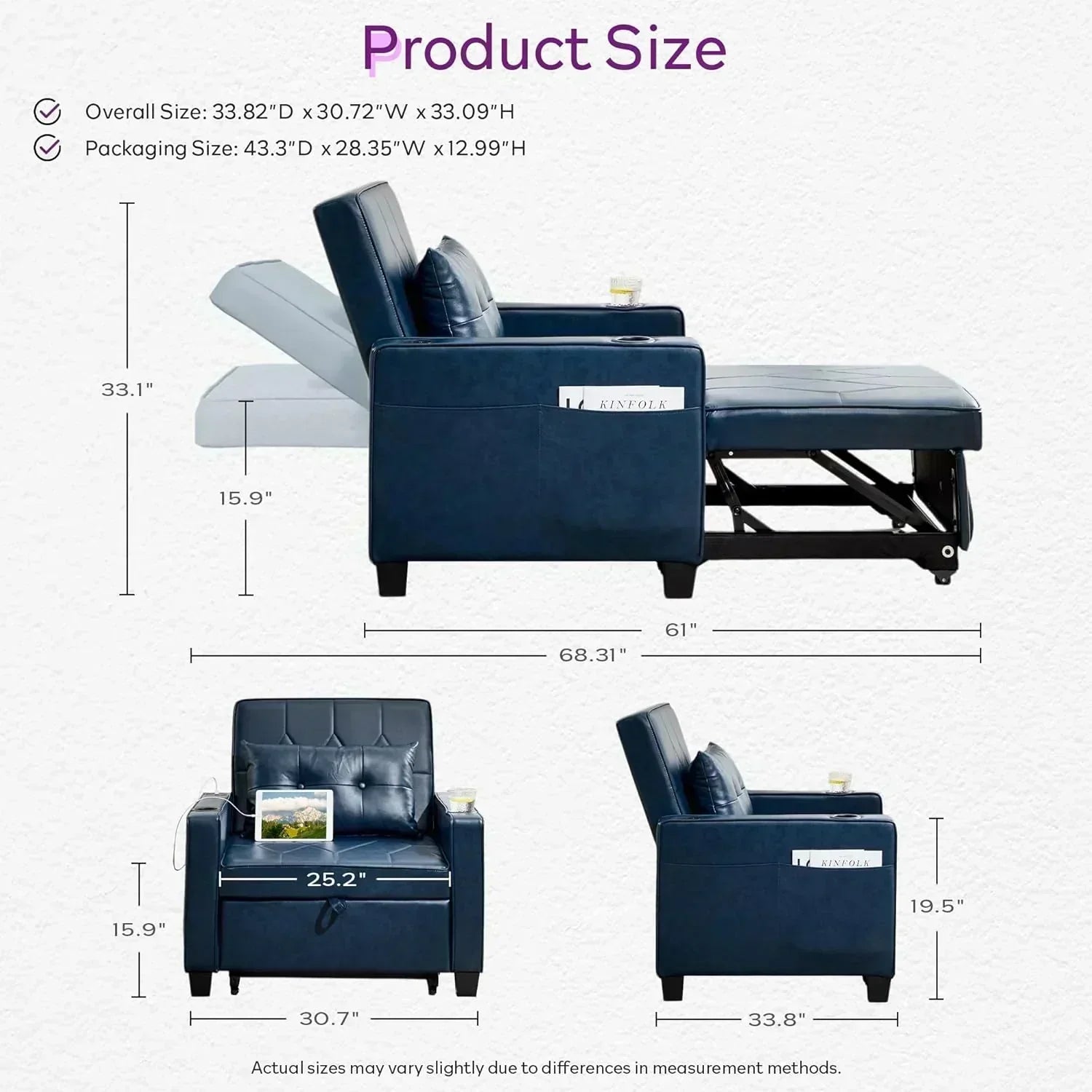 Adult Convertible Sleeper Chair Bed 3-in-1 Pull-Out Sofa Bed with USB/Type-C Ports Cup Holders