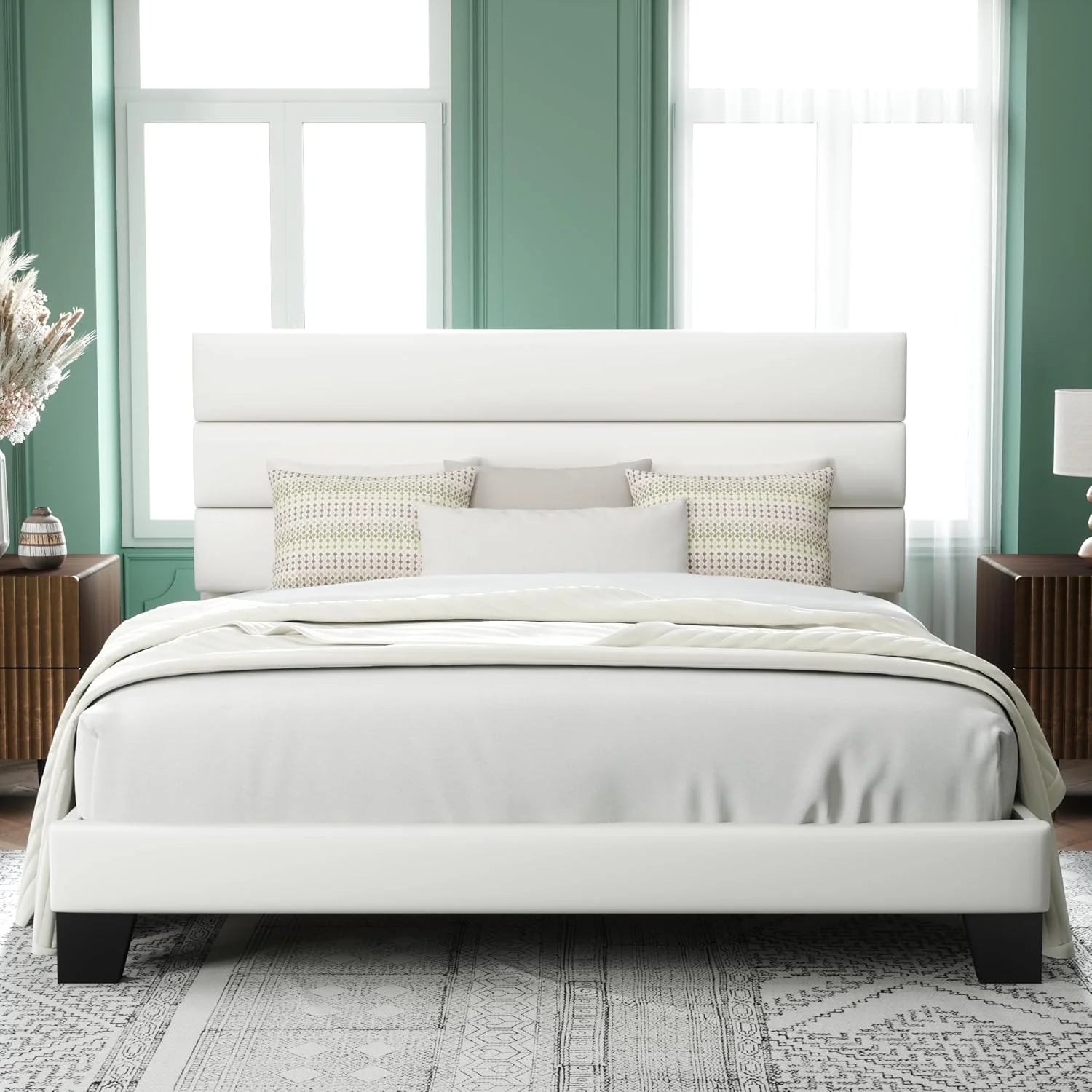 Allewie Queen Size Platform Bed Frame Fabric Upholstered Headboard Wooden Slats Support