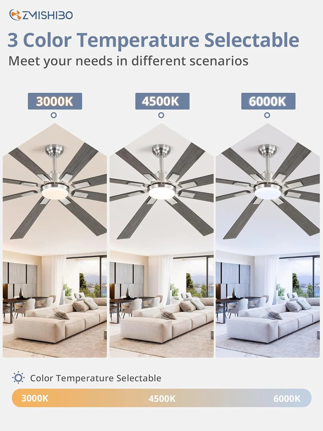 ZMISHIBO 72 inch Large Ceiling Fans with Lights and Remote, Indoor/Outdoor Black Modern Ceiling Fan for Kitchen Living Room Patio, 6 Speed Reversible Quiet DC Motor, 3 CCT, Dual Finish 8 Blades