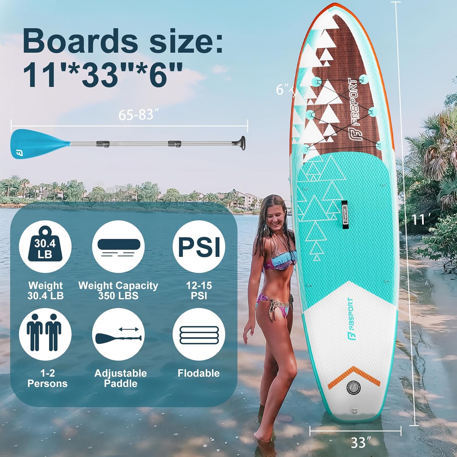 FBSPORT 11' Premium Stand Up Paddle Board Yoga Board with Durable SUP Accessories Carry Bag
