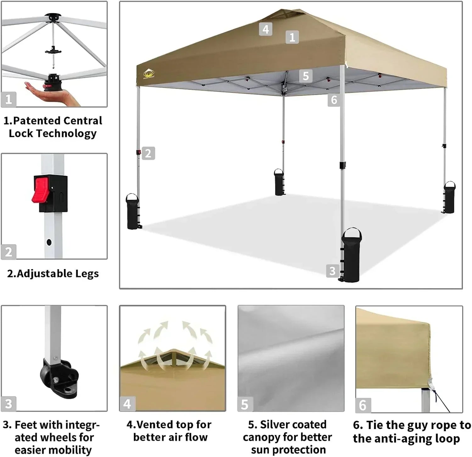 10x10 Pop-Up Awning One-Click Installation Beach Tent Outdoor Sunshade Silver Coated Top