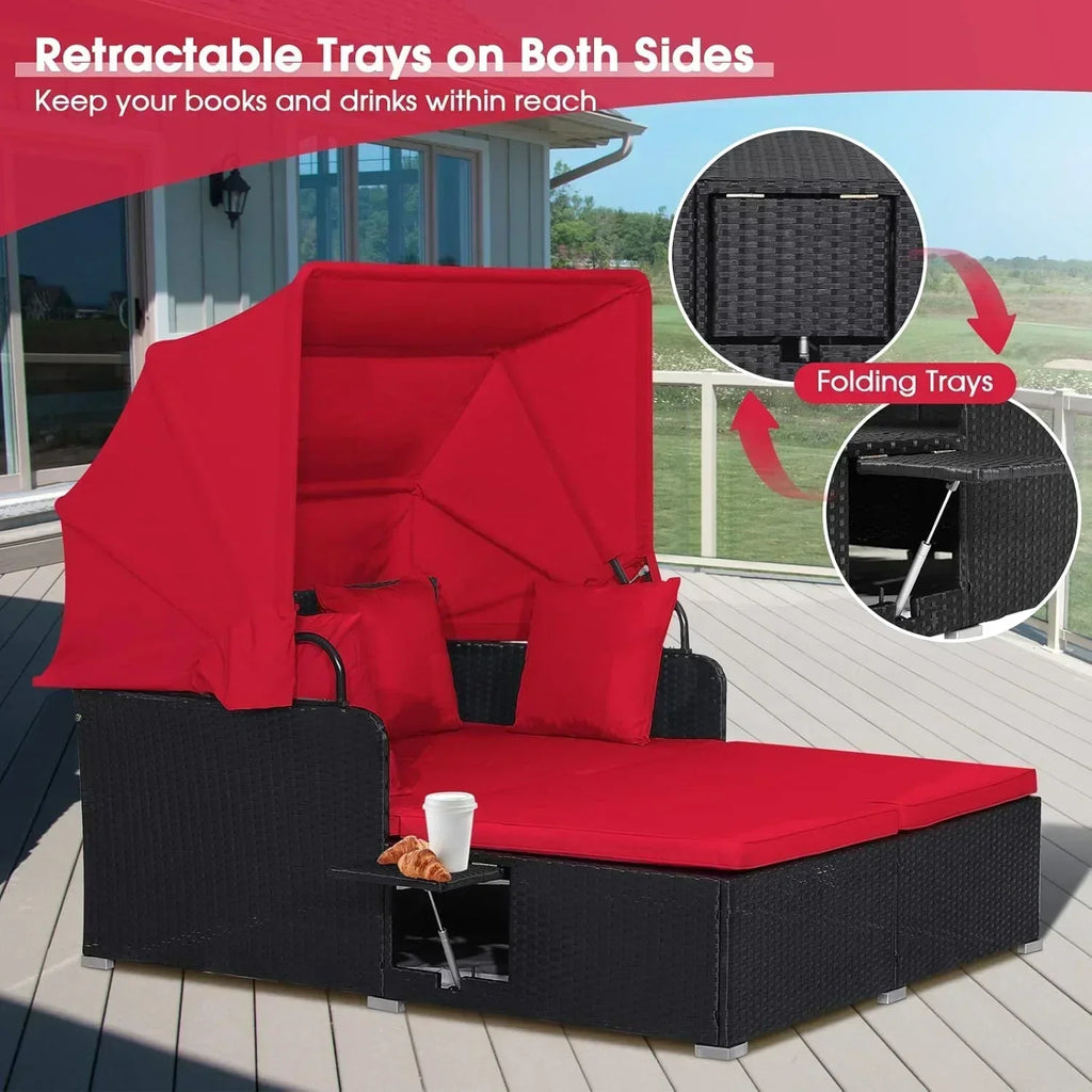 RELAX4LIFE Patio Outdoor Daybed with Canopy Wicker Sunbed Cushions 4 Pillows
