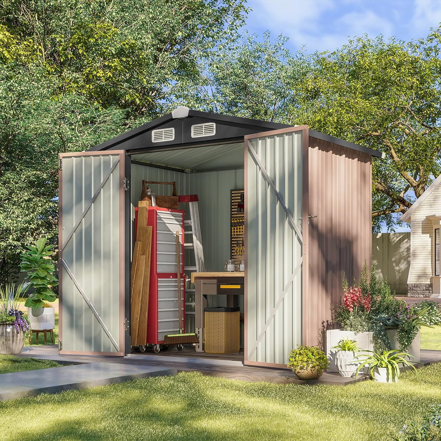 Aoxun 6.2x4 FT Shed Outdoor Storage Shed Metal Garden Shed Sloping Roof Tool Shed Bike Shed