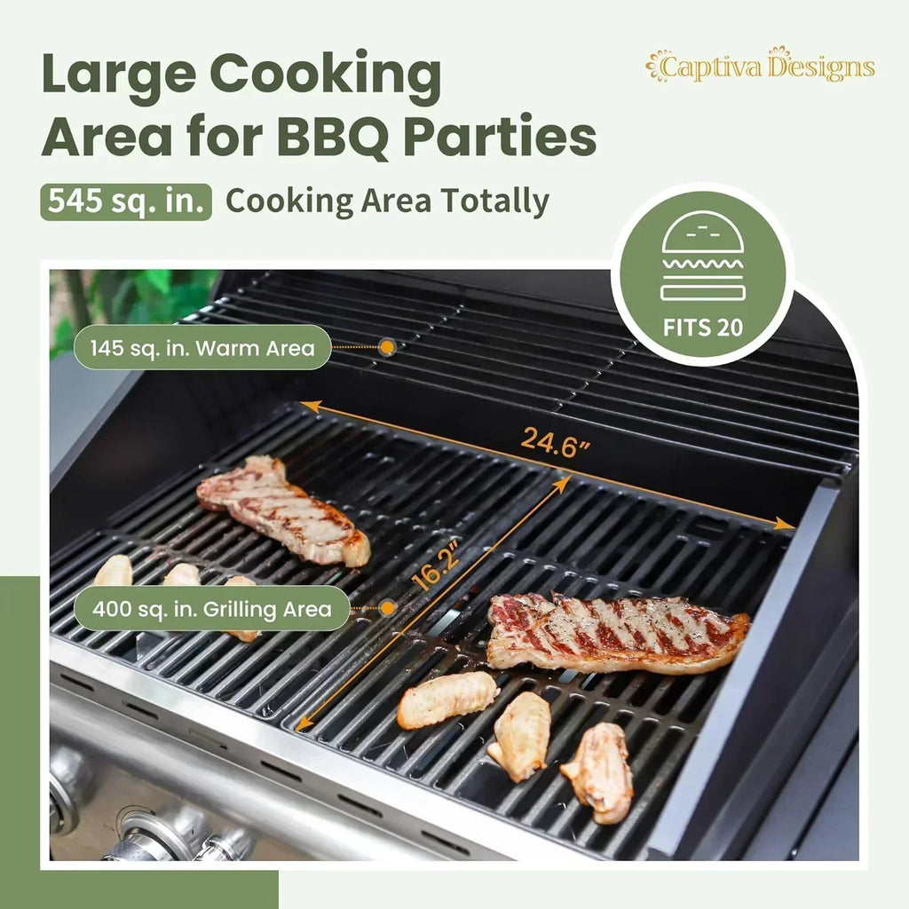 Captiva Designs 4-Burner Propane Gas BBQ Grill Side Burner Porcelain-Enameled Cast Iron Grates