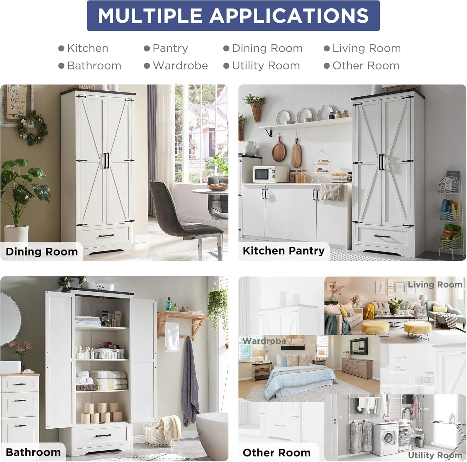 JXQTLINGMU Farmhouse Kitchen Pantry - 72 Tall Wood Kitchen Storage Cabinet with Adjustable Shelves and 2 Barn-Style Doors and Drawers