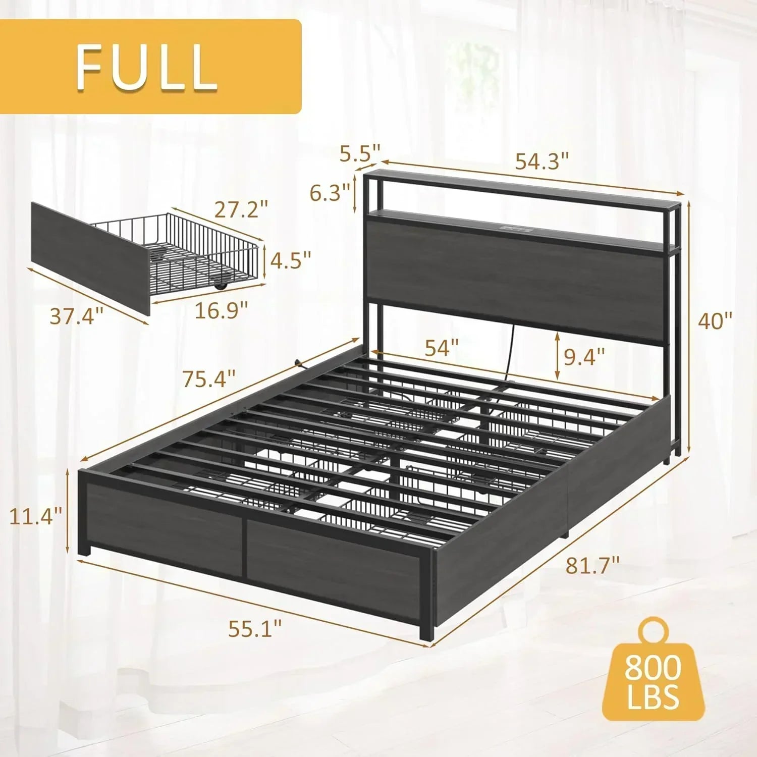 Lifezone Queen Bed Frame 2-Tier Storage Headboard Metal Platform Bed Frame 4 Storage Drawers