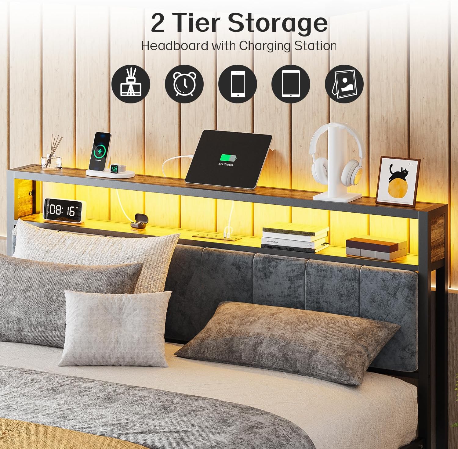 OLEVS Single Bed Frame LED Light Storage Headboard Charging Station Metal Platform Bed