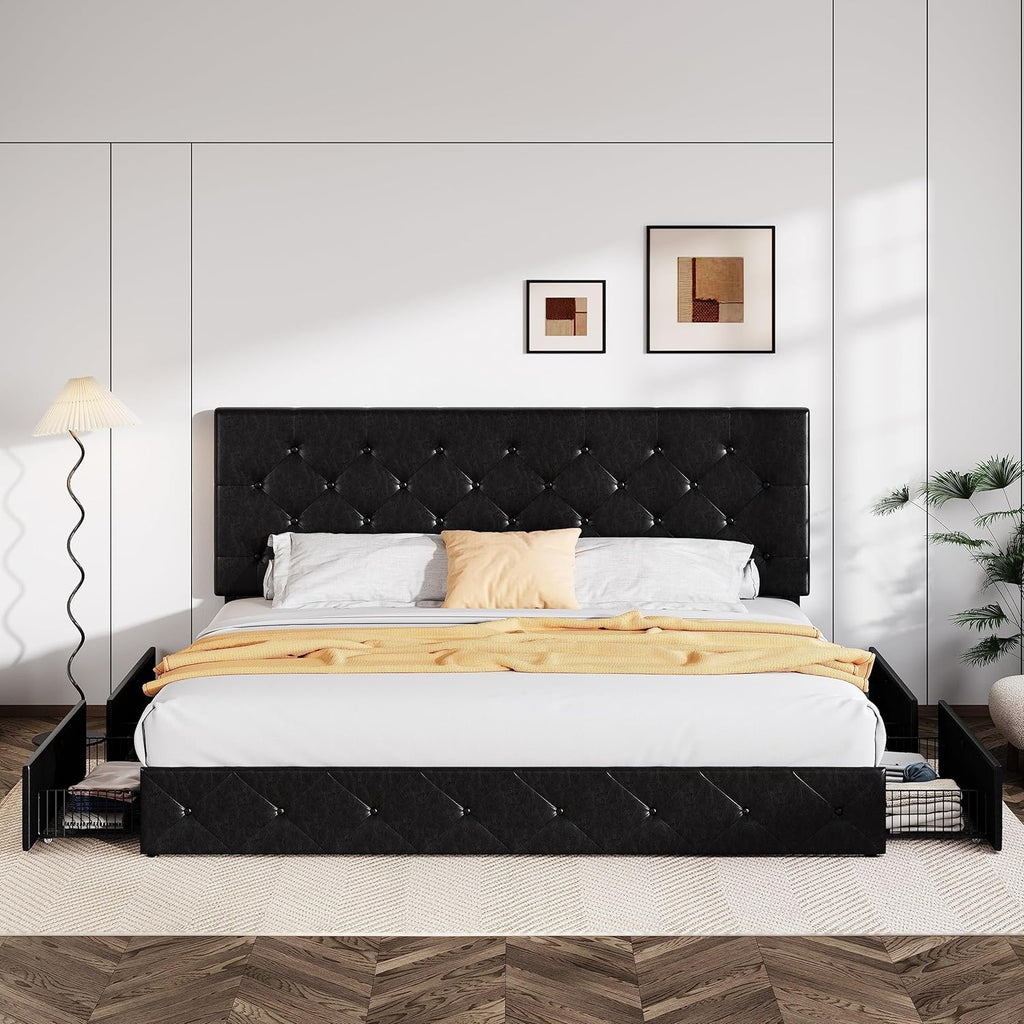 Allewie Upholstered Queen Size Platform Bed Frame with 4 Storage Drawers and Headboard