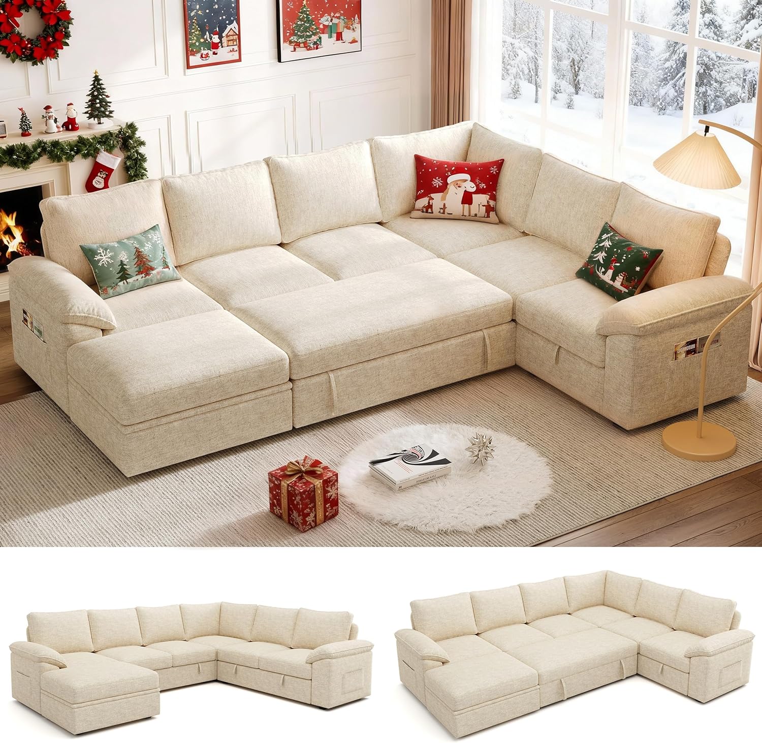108 Inch Sectional Sleeper Sofa with Pull Out Bed, U Shaped 7 Seat Modular Sectional Sofa