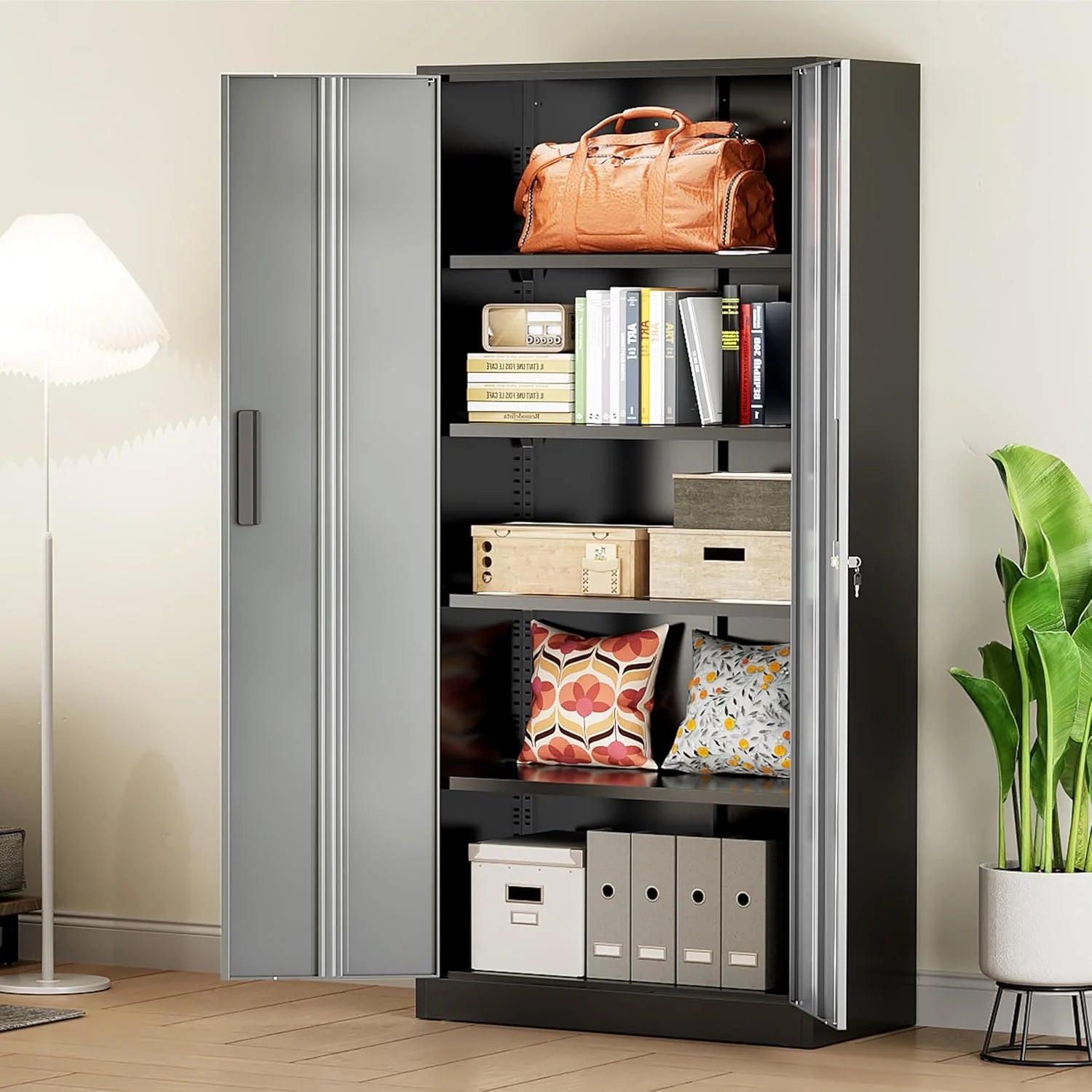 Greenvelly Metal Storage Cabinet, 72 Black Locking Metal Cabinet with 2 Doors and 4 Adjustable Shelves, Lockable Garage Storage Cabinets for Home Office, Garage, Kitchen, Living Room