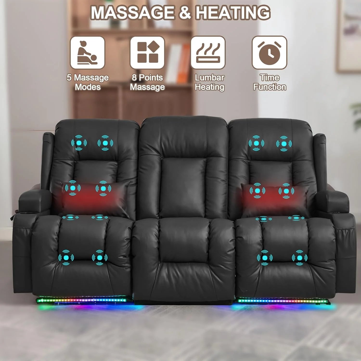 TUNYI Power Loveseat Recliner Sofa with Massage & Heat Home Theater Seating with Console Electric Recliner RV Sofa with USB/Outlet/Storage/Side Pocket/LED Light/Speaker (Brown, Loveseat)