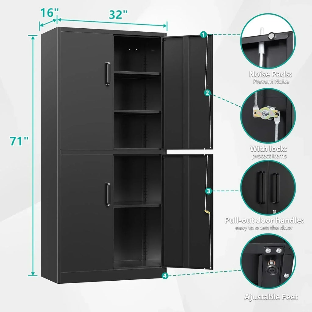 Metal Storage Cabinet with 2 Doors and 6 Shelves Black Metal Cabinet Garage Storage Cabinet