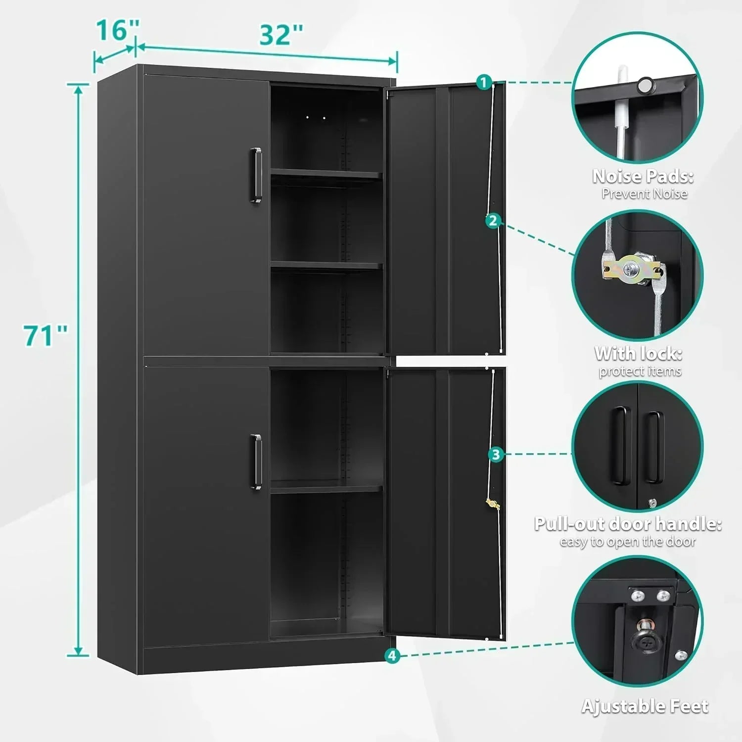 Metal Storage Cabinet with 2 Doors and 6 Shelves Black Metal Cabinet Garage Storage Cabinet