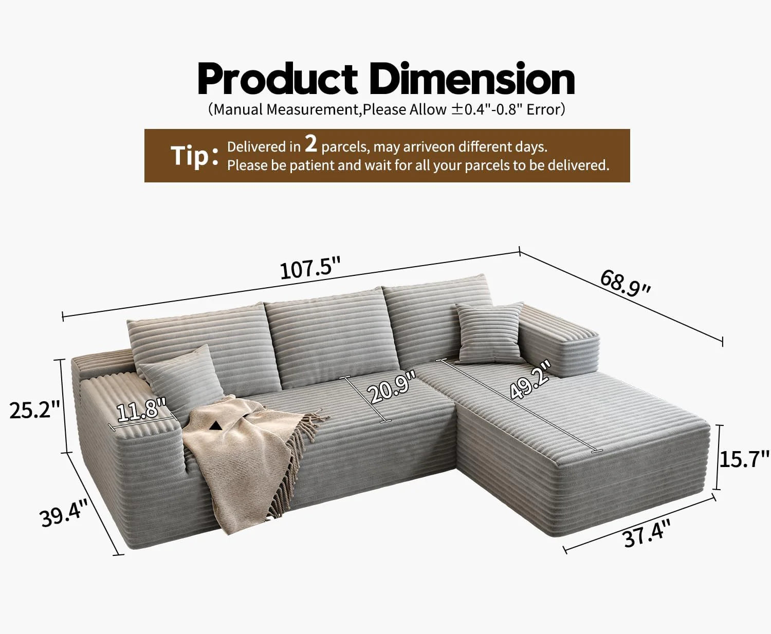 107.5 Cloud Modular Sectional Sofa Couch with L-Shape Chaise,Modern Minimalist Upholstered Couches