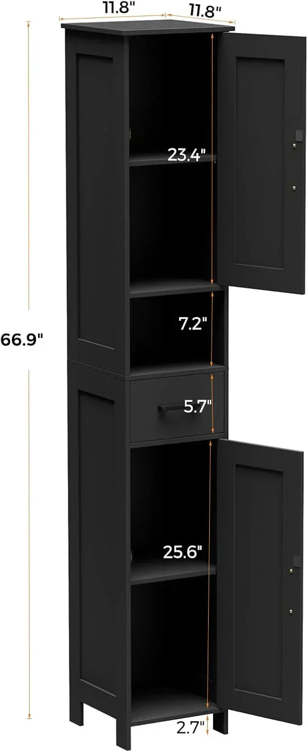 Homhedy 67 H Tall Bathroom Storage Cabinet with 2 Barn Doors and 1 Drawer Narrow Storage Unit