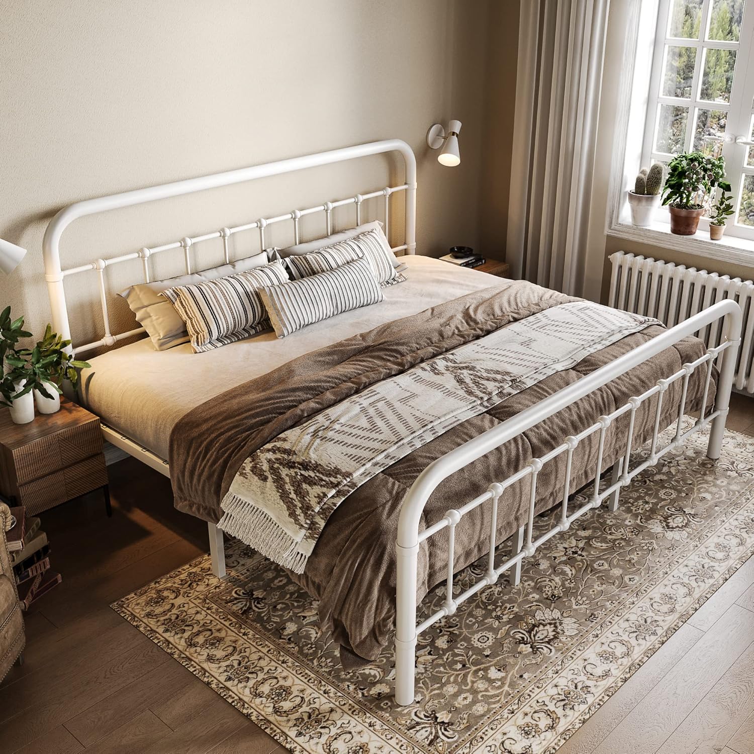 Allewie Queen Size Metal Platform Bed Frame with Victorian Style Wrought Iron-Art Headboard