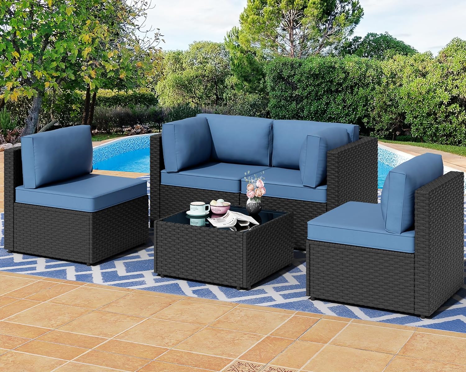 7 Pieces Outdoor Patio Sectional Sofa Couch, Wicker Furniture Patio Conversation Sets with Washable Cushions & Coffee Table for Garden, Poolside, Backyard