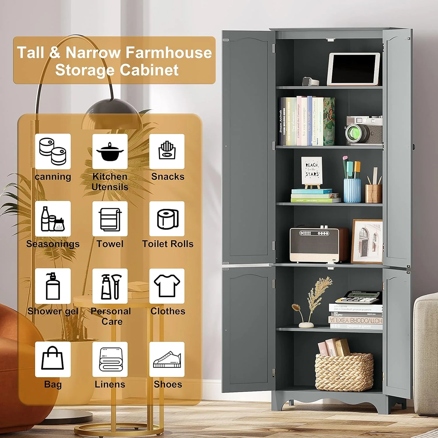 Tall Pantry Cabinet, Freestanding Storage Cabinet, Wooden Kitchen Pantry with 4 Doors and 5 Shelves, 72 Floor Cabinet Organizer