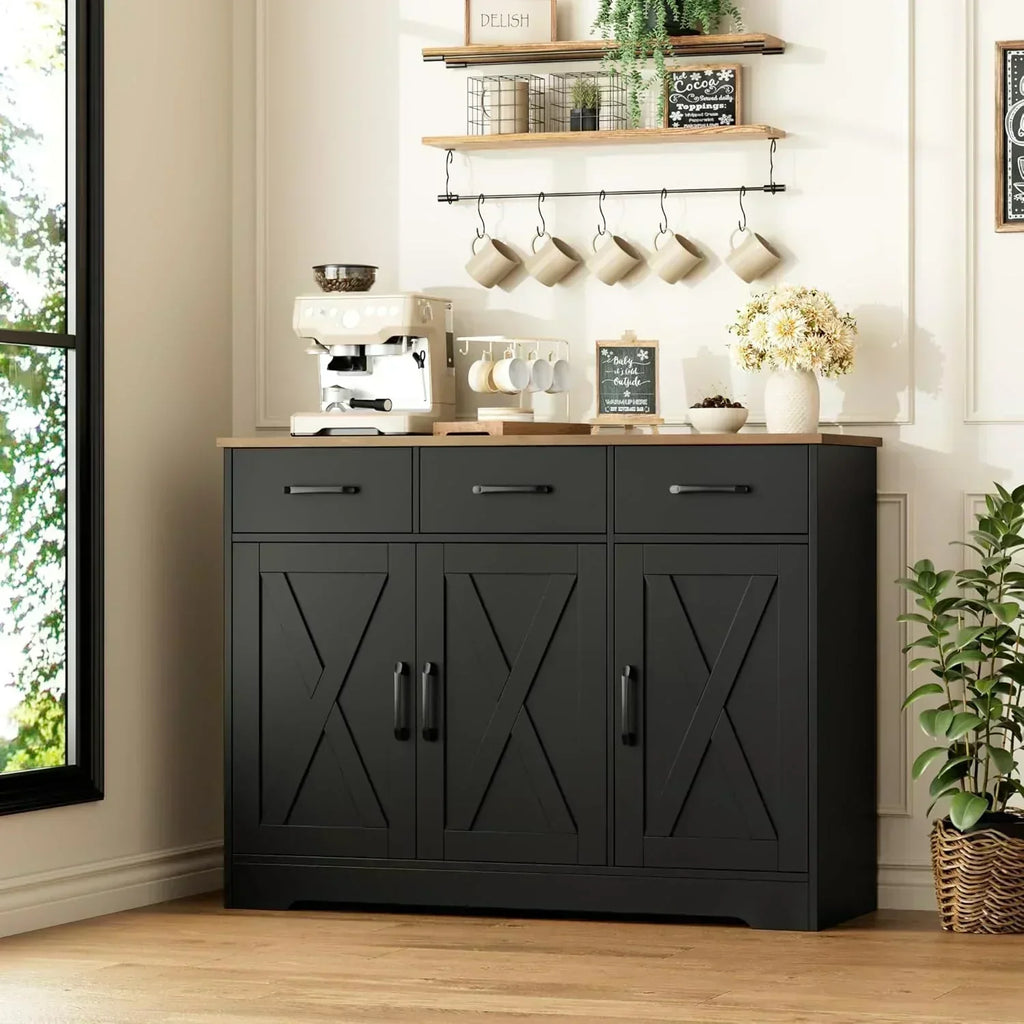 Modern farmhouse sideboard barn door buffet storage cabinet with drawers and shelves