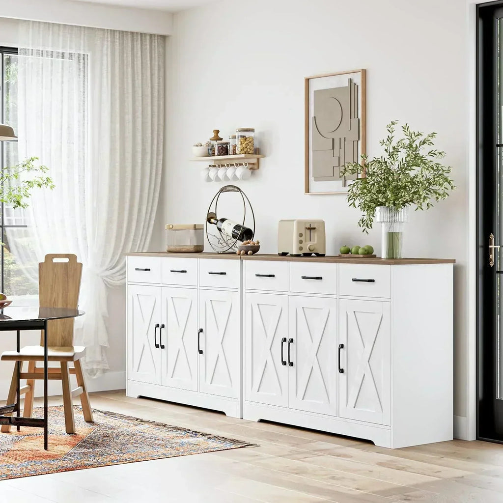 Modern farmhouse sideboard barn door buffet storage cabinet with drawers and shelves