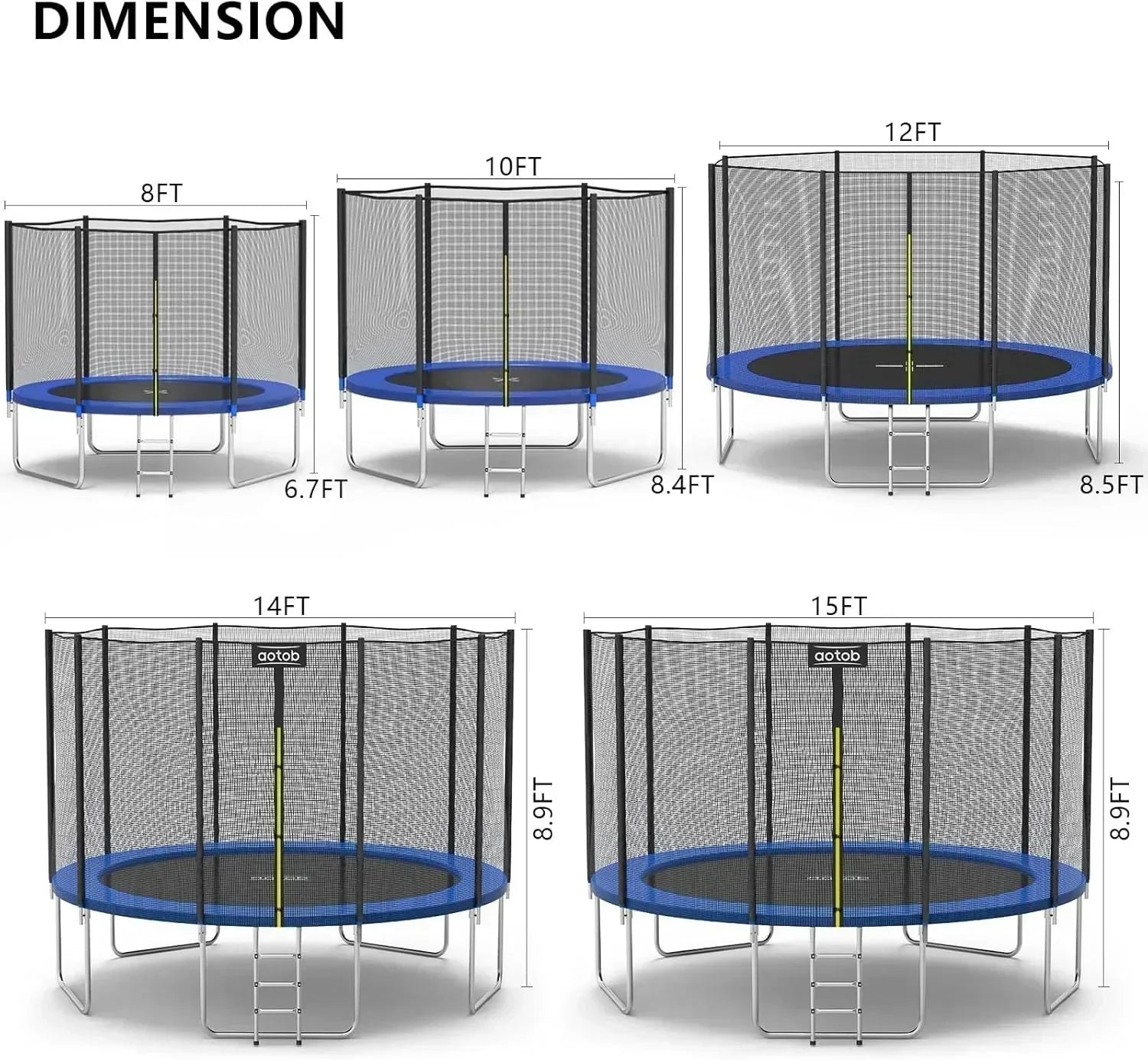 AOTOB 8FT 10FT 12FT 14 FT 15FT Trampoline with Safety Enclosure Net Outdoor Trampoline