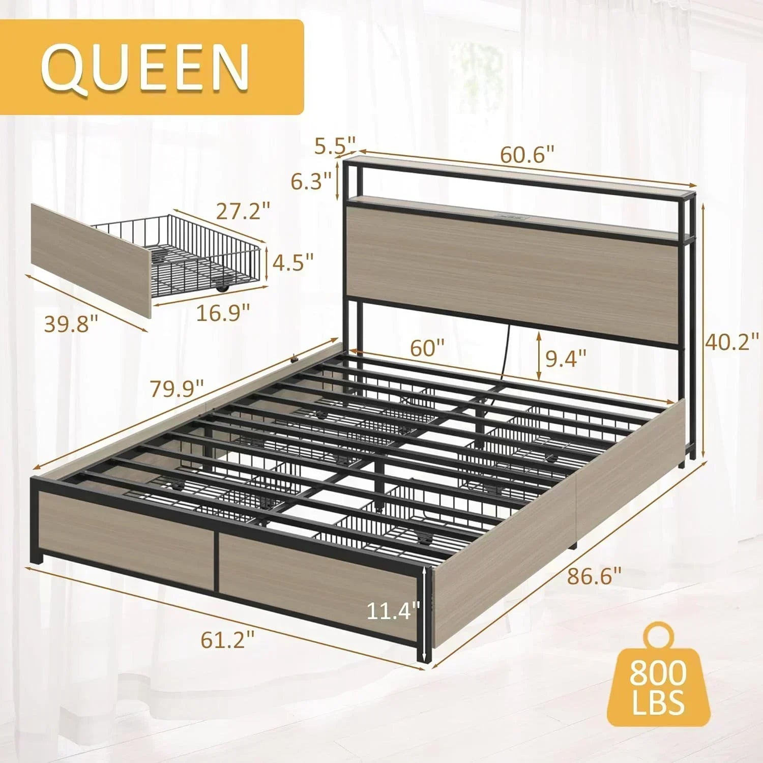 Lifezone Queen Bed Frame 2-Tier Storage Headboard Metal Platform Bed Frame 4 Storage Drawers