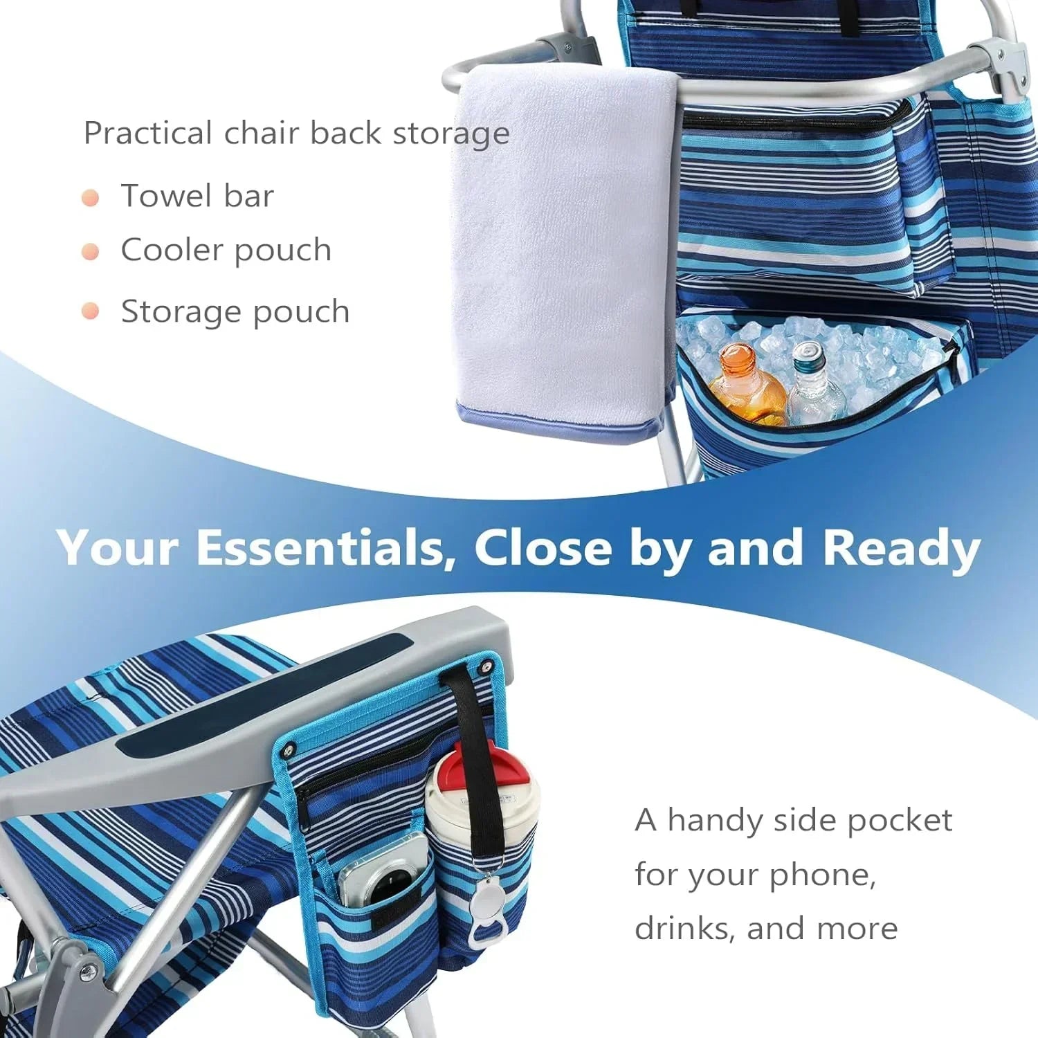 5-Position Aluminum Lay Flat Tall Backpack Beach Chairs 2 Pack Compact Portable Beach Chairs