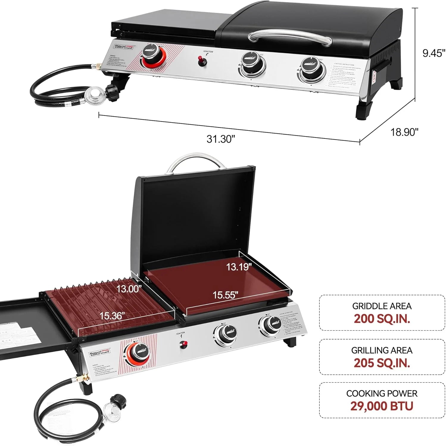 Royal Gourmet PD1305H 3 Burner Propane Gas Grill and Griddle Combo Lid 3-in-1 Grill Griddle Combo