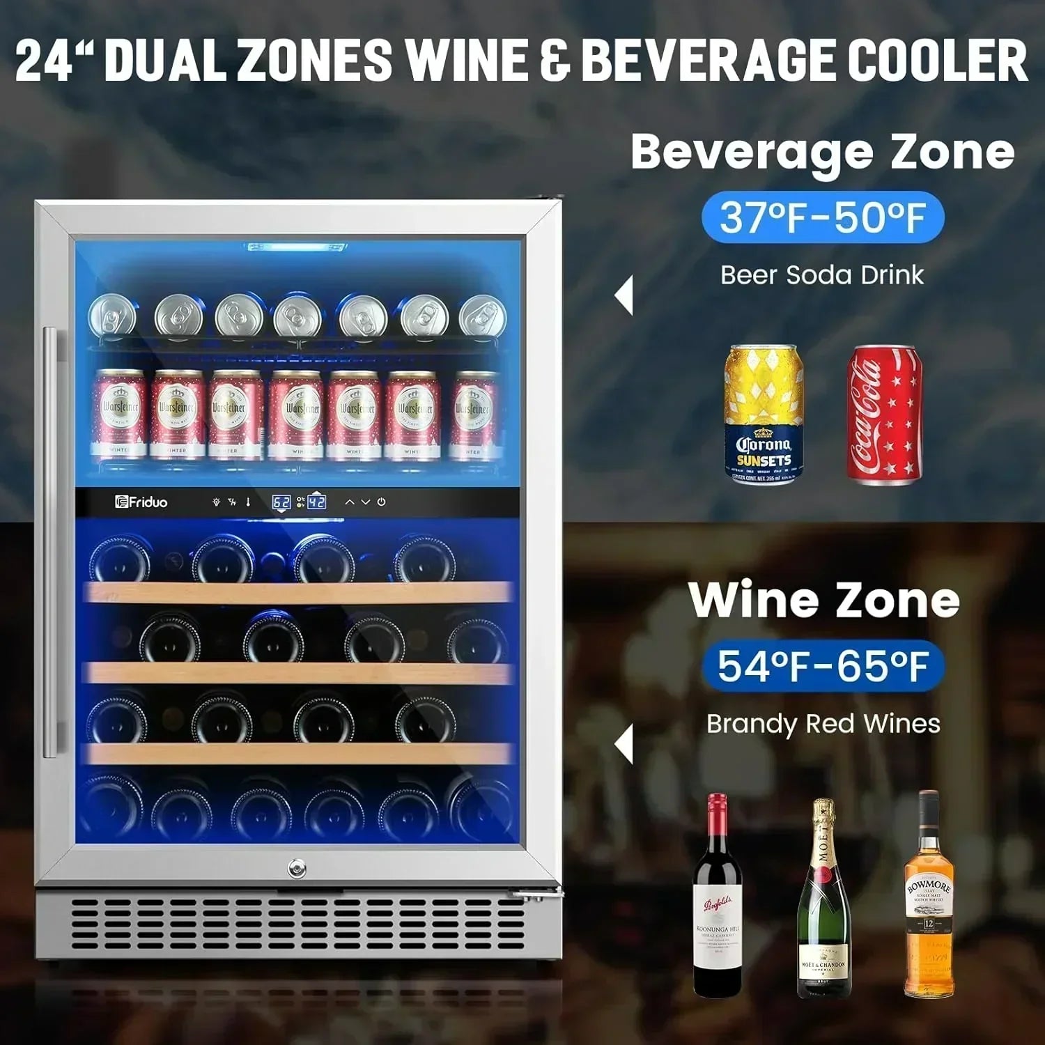 24 inch Dual Zone Beverage Refrigerator 30 Bottles 82 Cans Wine Fridge Built-in or Freestanding