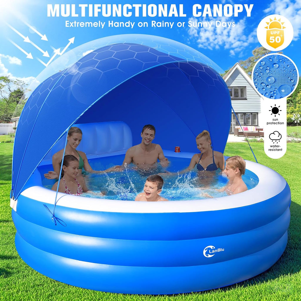 2025 Upgraded Inflatable Pool with Canopy, Inflatable Family Lounge Pool, Round Blow Up Pool for Adult with Bench & Backrest, Swim Center Easy Backyard Pools for Kids & Adults, 92x92x26, Blue