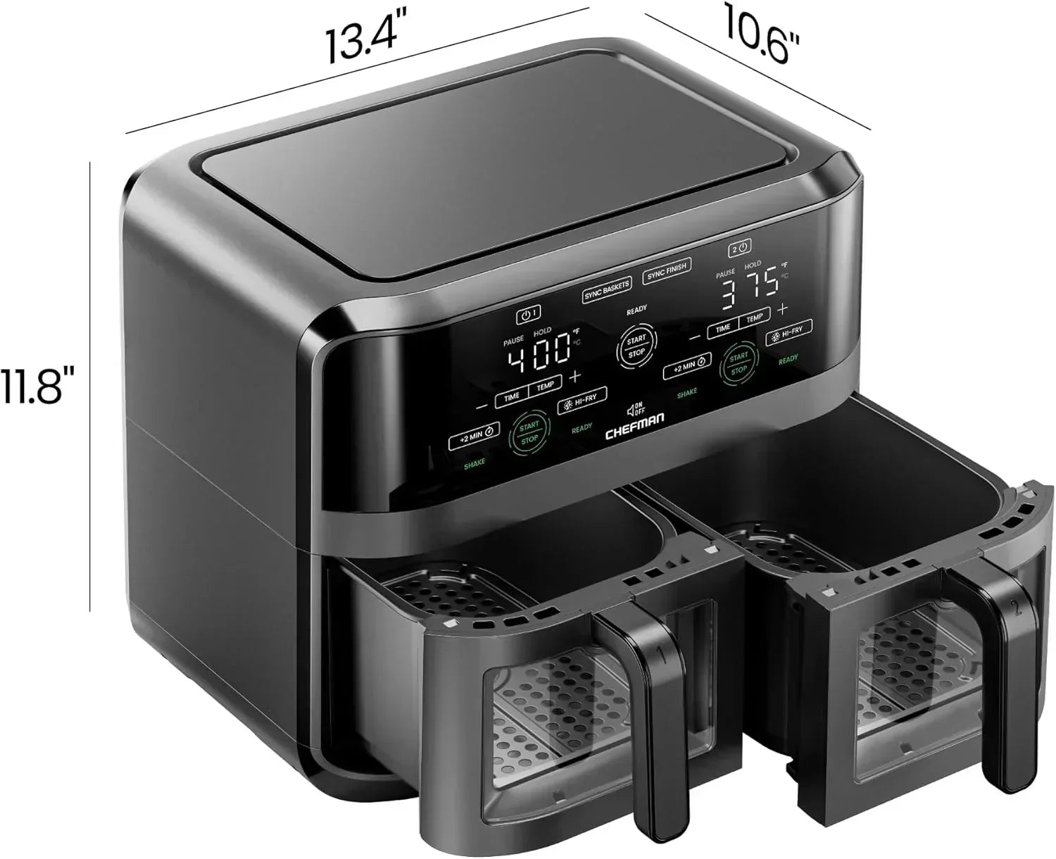 Chefman 6-Quart Double Basket Air Fryer Easy View Window uses two separate nonstick pans