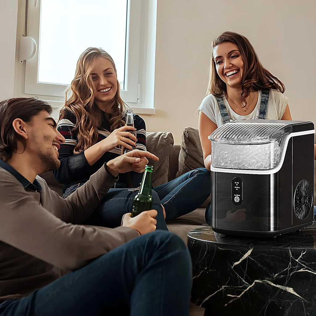 Nugget Ice Makers Countertop, Pebble Ice Machine with Chewable Pellet Ice, 34Lbs/24H, Self-Cleaning, Sonic Ice, One-Click Operation, for Kitchen,Office Stainless Steel Silver