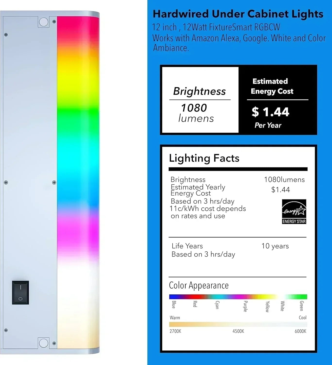 Smart under-cabinet lighting strip white and color-changing dimmable