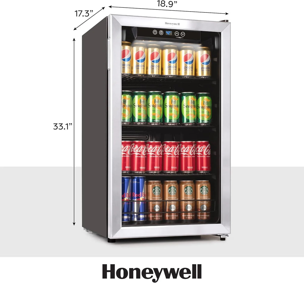 Honeywell Beverage Refrigerator and Cooler, 115 Can Mini Fridge with Glass Door for Soda Beer or Wine for Office or Bar with Adjustable Removable Shelving