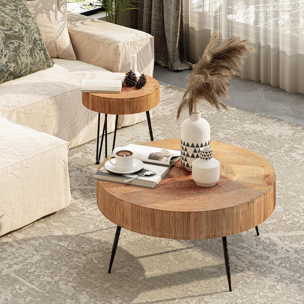 Two-Piece Modern Farmhouse Living Room Coffee Table Set Round Nesting Tables
