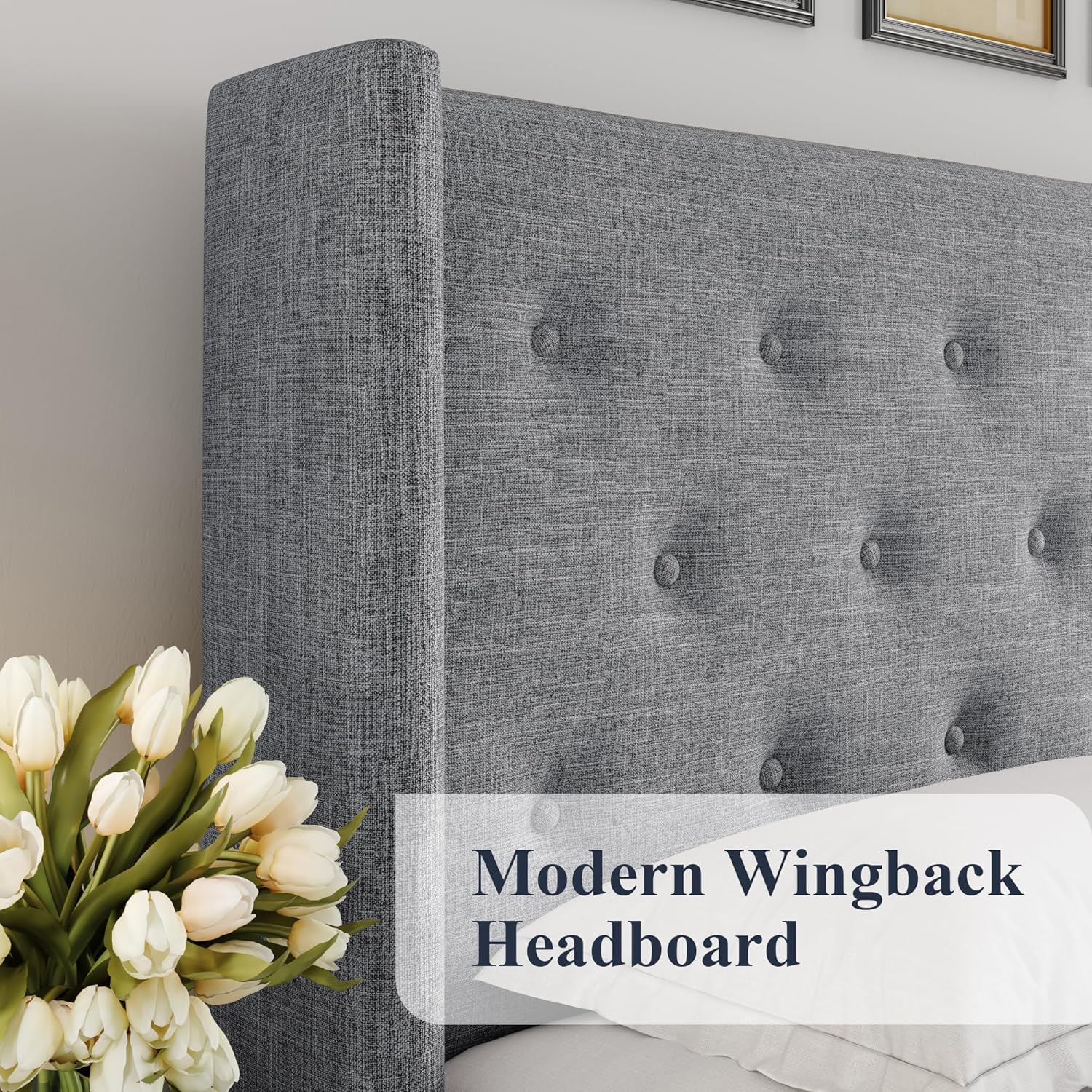 Allewie Queen Size Lift Up Storage Bed Modern Wingback Headboard Hydraulic Support