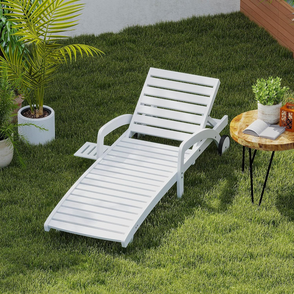 Pool Chaise Lounge Chairs Set of 4 5-Position Adjustable Outdoor Patio Lounge Chairs Wood Reclining Chaise Lounger Chair with Pullout Side Table