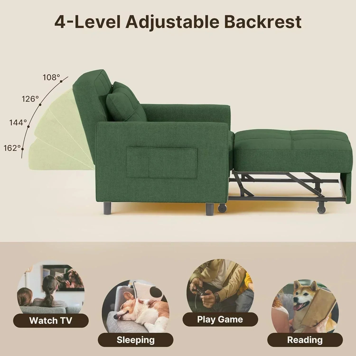 Sofa Bed Chair 3 in 1 Convertible Pullout Single Sleeper Chair Bed Spacious Multifunctional Sofa