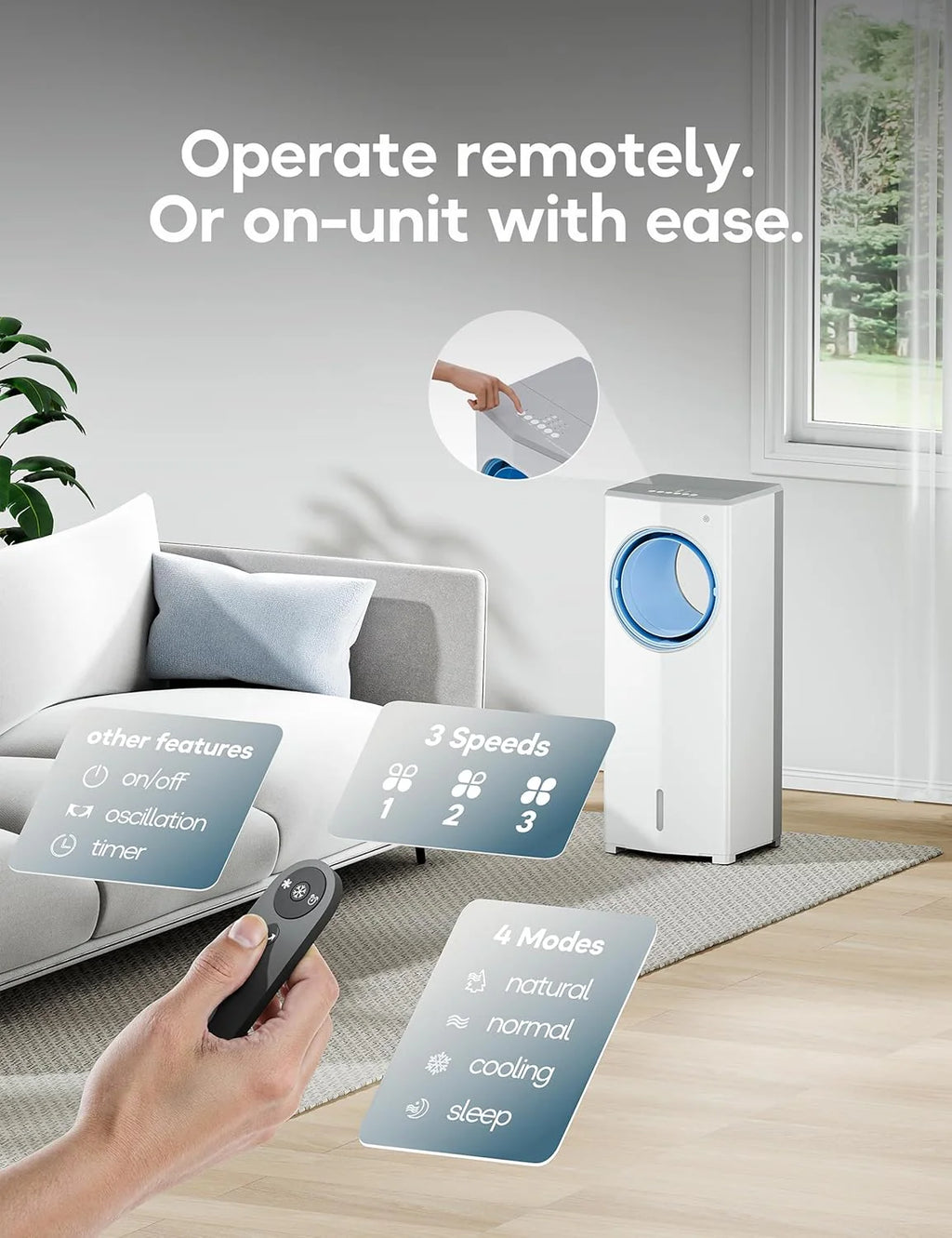 Windowless Portable Air Conditioner, 26.3 Small Evaporative Air Cooler for Room No Window, 3-Speed Settings, 4 Modes, 7H Timer, Remote Control, 4 Ice Packs, Quiet AC Unit for Bedroom