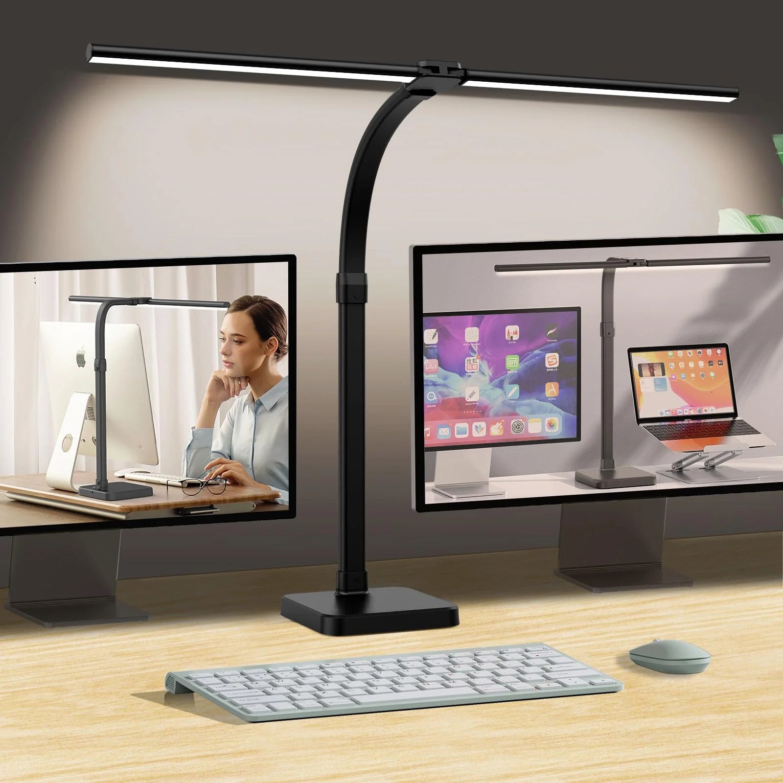 LED Desk Lamp for Home Office Double Head 24W Architect Light with 5 Brightness Levels Flexible Gooseneck