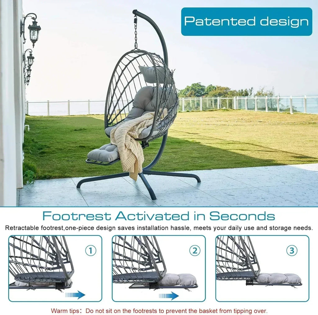 Hanging Egg Chair with Stand and Leg Rest Rattan Wicker Swing Hammock Chair UV-Resistant Cushion