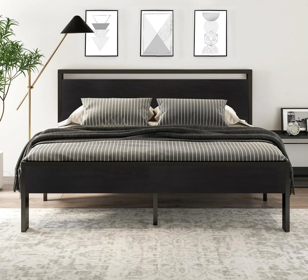 SHA CERLIN 14 Inch Full Size Metal Platform Bed Frame with Wooden Headboard and Footboard