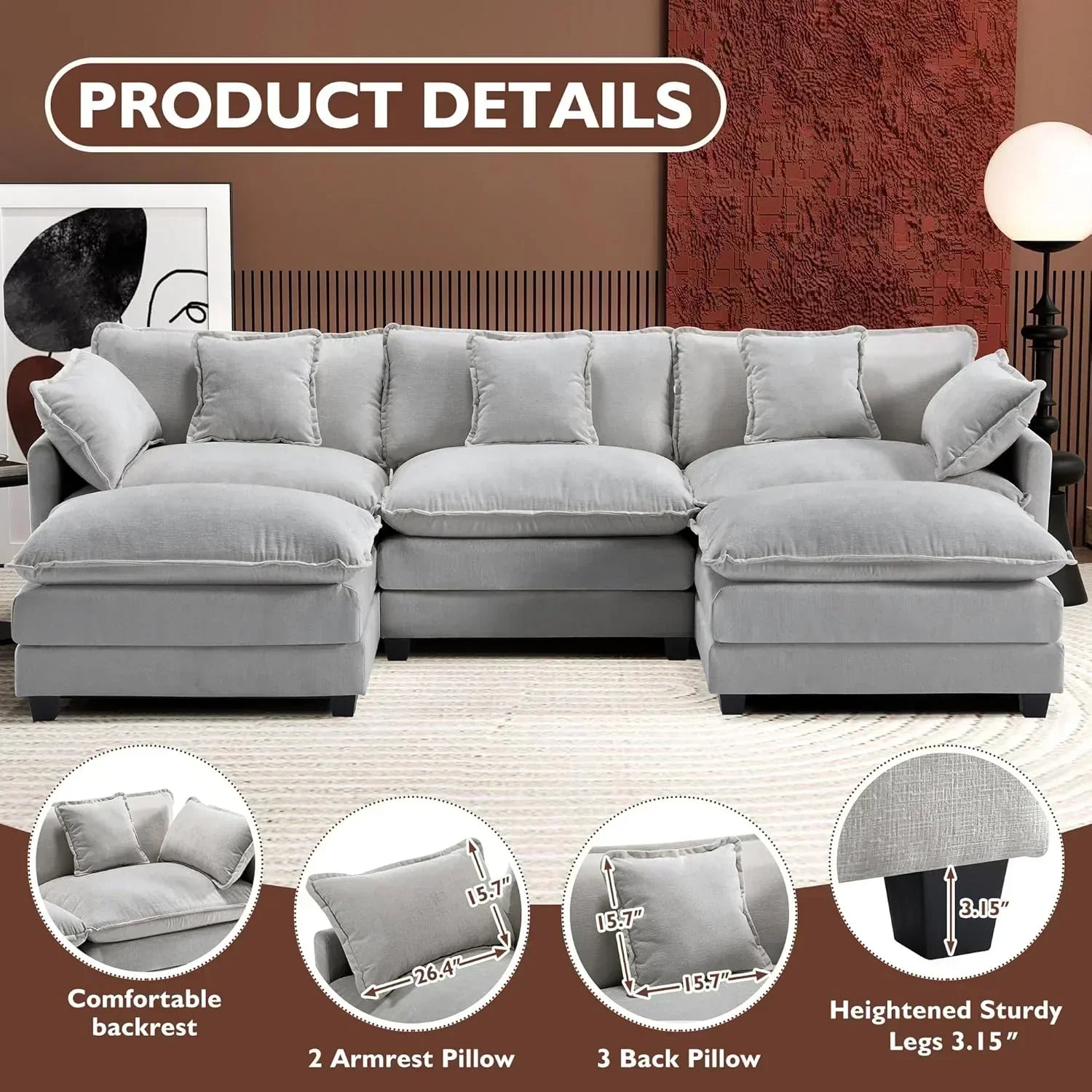 111.4 Inch L Shaped Modern Sofa Modular Cloud Sofa with Ottoman 4 Seater Chenille Deep Seat Sofa