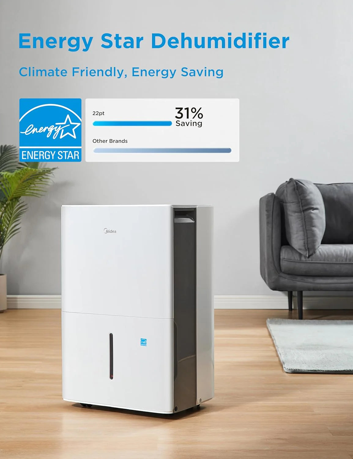 Midea 4,500 Sq. Ft. Dehumidifier With Pump Included, Energy Star Certified, 50 Pint - Ideal For Basements, Large & Medium Sized Rooms, And Bathrooms (White)